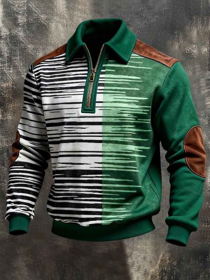 Men's Retro Color Block Print Color-Blocked Zip-Up Sweatshirt