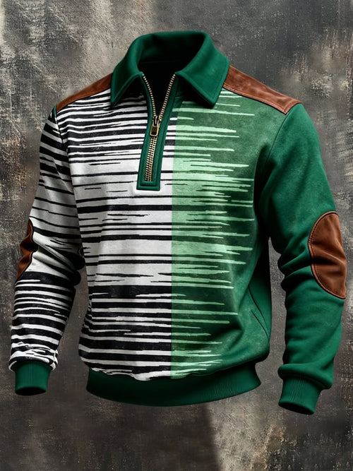 Men's Retro Color Block Print Color-Blocked Zip-Up Sweatshirt