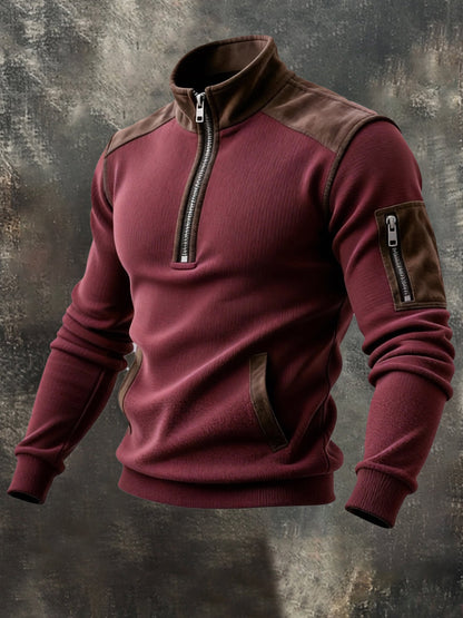 Men's Vintage Suede Patchwork Comfortable Color-Block Zip-Up Sweatshirt