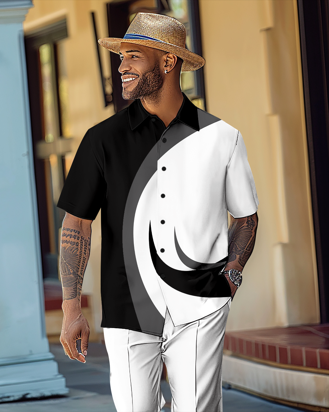 Men's Gorgeous Color Block Short Sleeve Shirt Walking Suit 1071