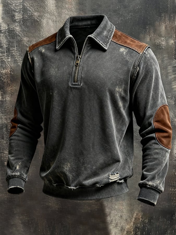 Men'S Vintage Pure Cotton Washed And Distressed Patchwork Color-Block Long-Sleeved Sweatshirt