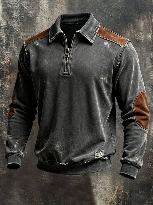 Men'S Vintage Pure Cotton Washed And Distressed Patchwork Color-Block Long-Sleeved Sweatshirt