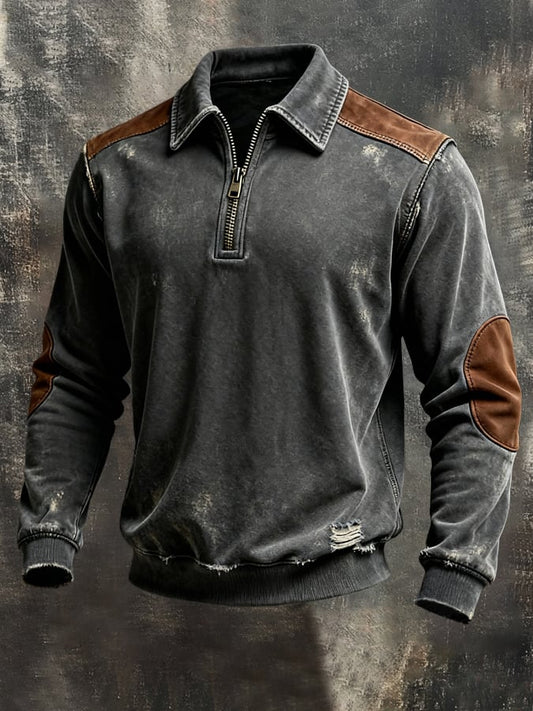 Men'S Vintage Pure Cotton Washed And Distressed Patchwork Color-Block Long-Sleeved Sweatshirt