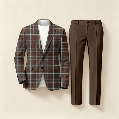 Men's Business Checkered Long-Sleeve Shirt and Trousers Two-Piece Suit