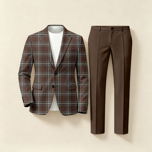 Men's Business Checkered Long-Sleeve Shirt and Trousers Two-Piece Suit