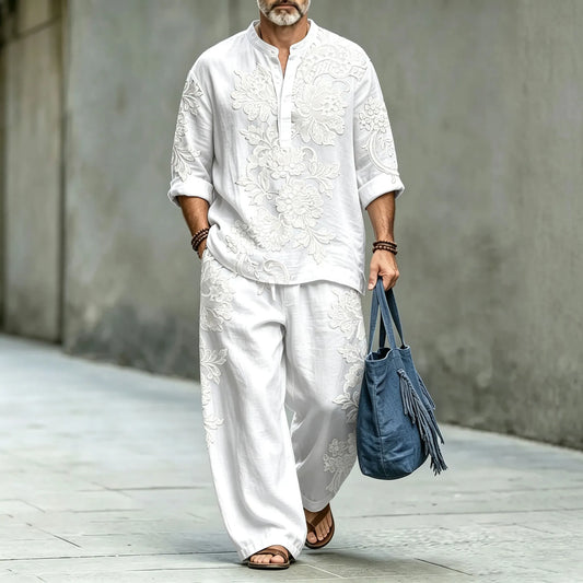 Men's Floral Stand-Collar Polo Shirt and Long Pants Two-Piece Suit Set