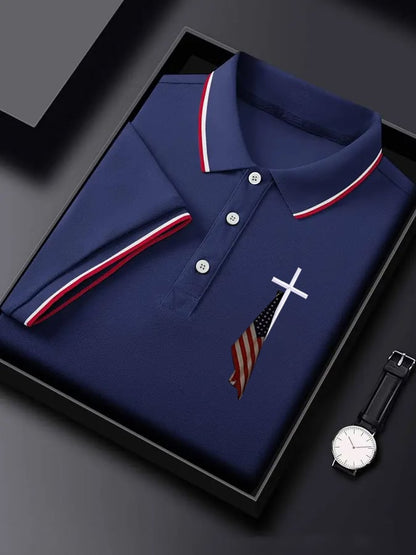 Men's  Flag Cross Print Polo Shirt