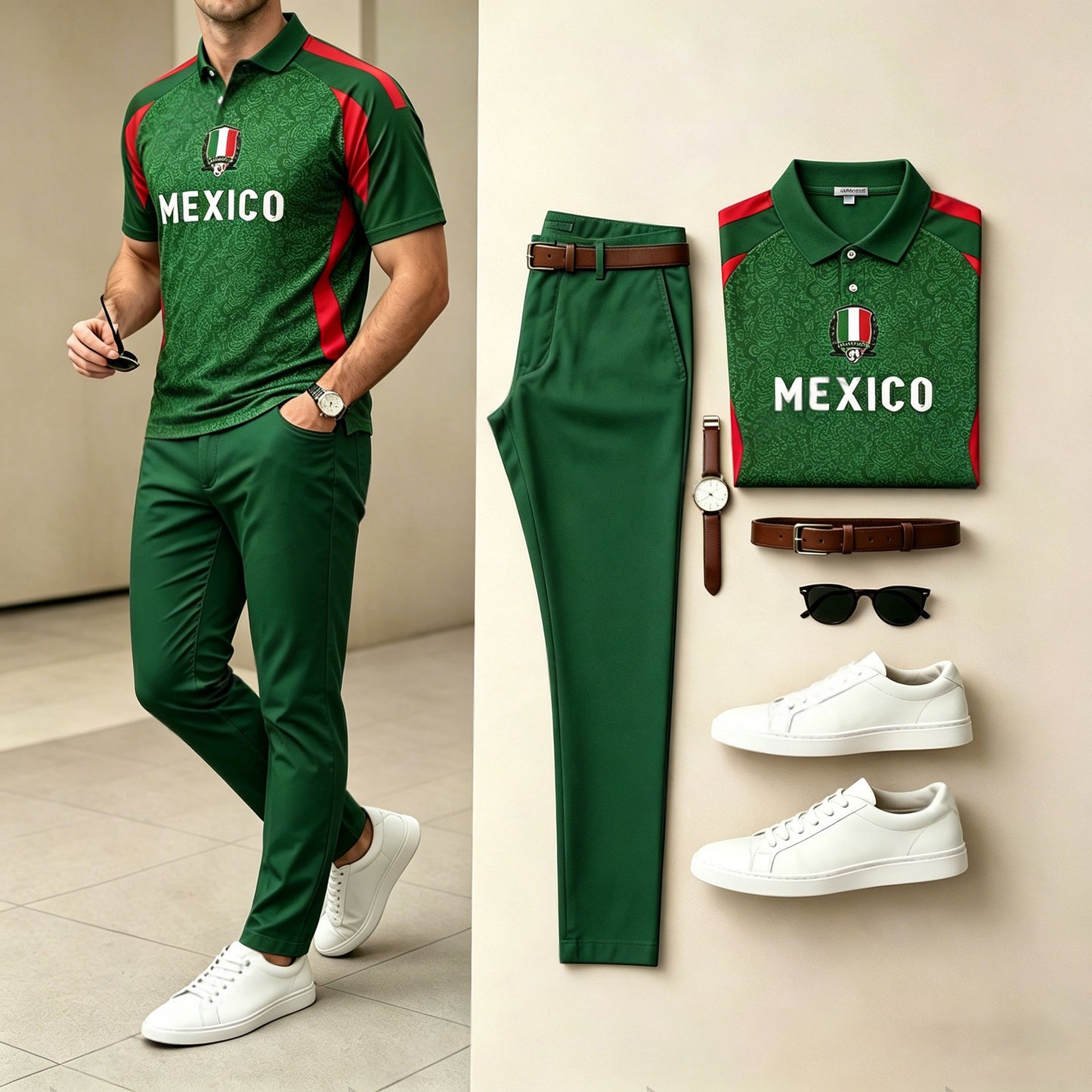 Men's Casual Dark Green Letters Sporty Printed Polo Shirt And Pants Two-Piece Set