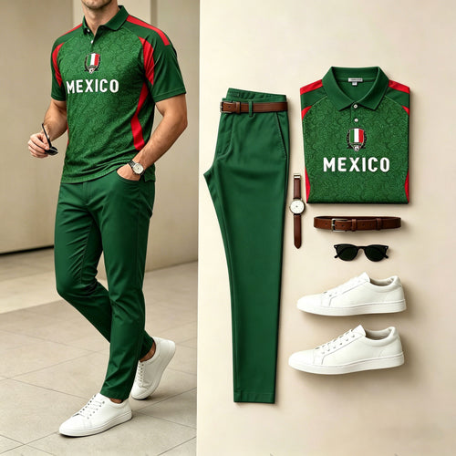 Men's Casual Dark Green Letters Sporty Printed Polo Shirt And Pants Two-Piece Set