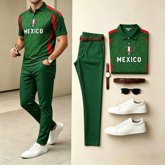 Men's Casual Dark Green Letters Sporty Printed Polo Shirt And Pants Two-Piece Set
