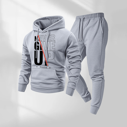 Men's Never Give Up Letter Pattern Print Hoodie and Drawstring Sweatpants Set, Menswear, Casual Athletic Long Sleeve Hooded Jacket & Trousers for Fall & Winter, Men's Clothing for Daily Wear, Sportswear Indoor Outdoor, Tracksuit, Athleisure