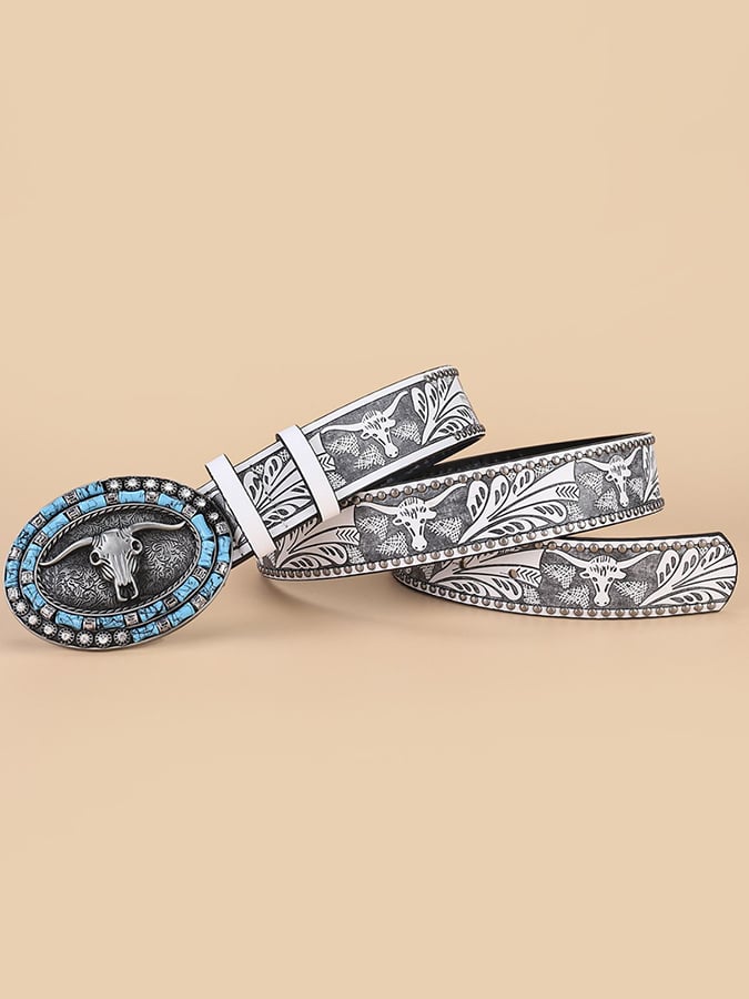 Retro Western Style Cow Head Beaded Embossed Decorative Belt