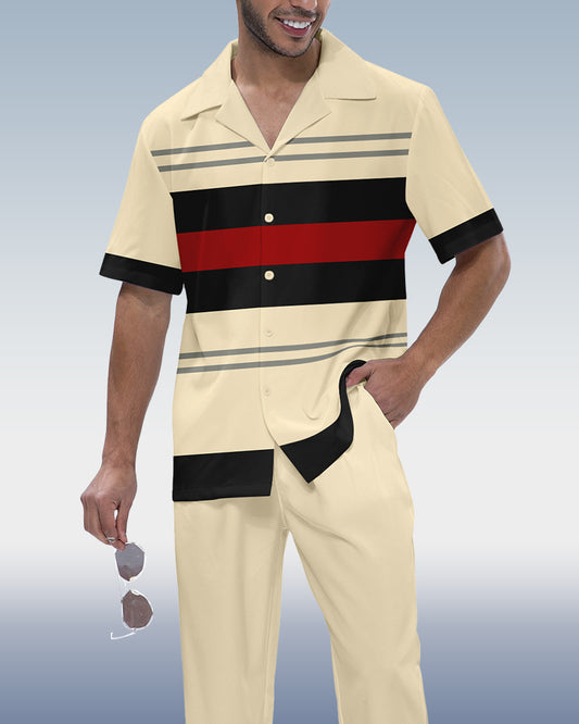 Rianmond Men's Vintage Colorblock Print Short Sleeve Shirt Walking Set 648