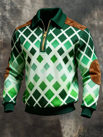 Men's Retro Color Block Print Color-Blocked Zip-Up Sweatshirt