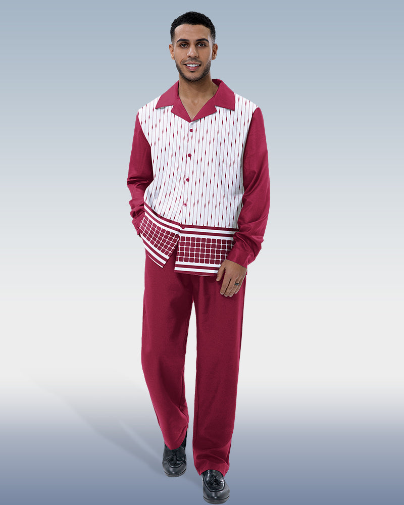 Suitmens Men's Burgundy Abstract Print 2-Piece Long Sleeve Suit 002
