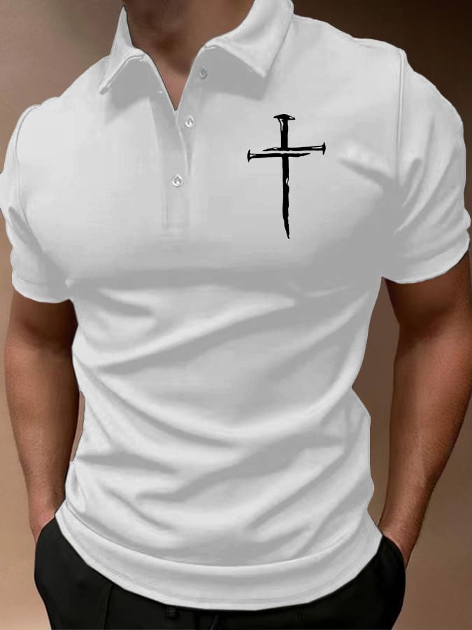 Men's Casual Cross Print Button Collar Polo Top