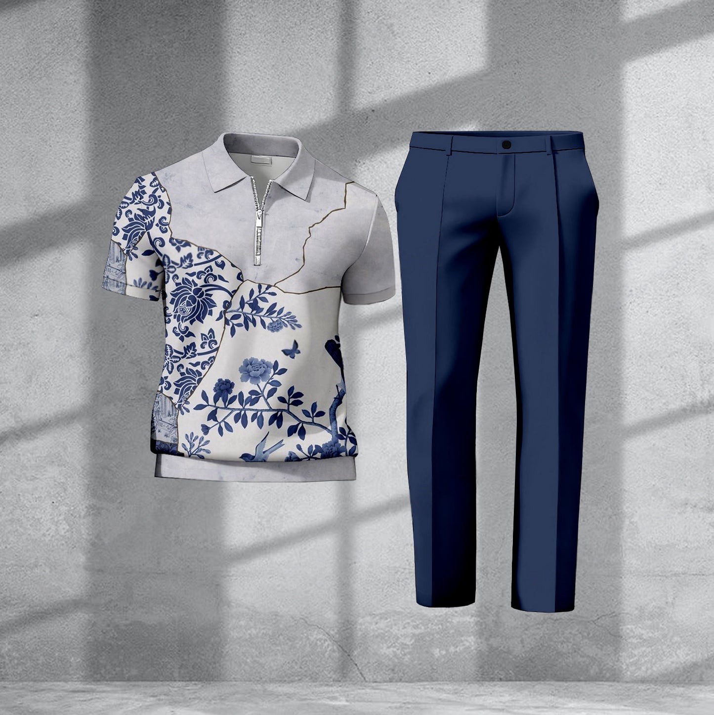 Men's Casual Light Gray Printed Polo Short-Sleeve T-Shirt And Pants Two-Piece Set