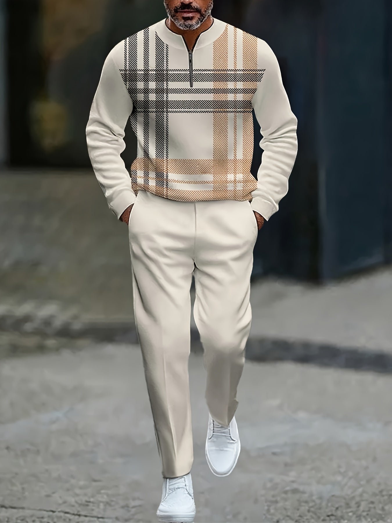 Men's Casual Color Matching Checked Printed Round-Neck Zipper Long Sleeved Trousers Apricot Two-Piece Set