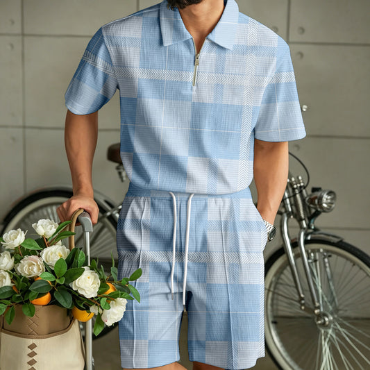 Men's Two-Piece Set: Color-Blocked Zipper Polo Shirt and Shorts