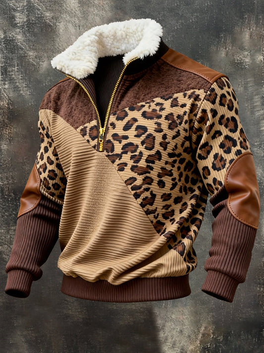 Men's Retro Color Block Print Fur Collar Sweatshirt