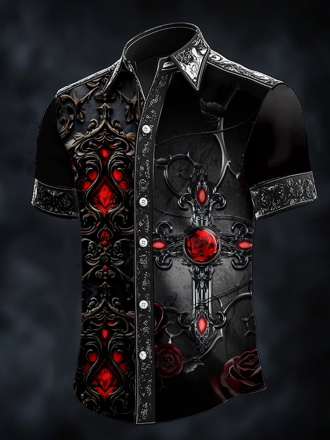 Men's Casual Fashion Dark Pattern Cross Crow Contrast Satin Shirt