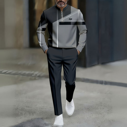 Men's Casual Gray&Black Color Matching Printed Round-Neck Zipper Long Sleeved Trousers Two-Piece Set