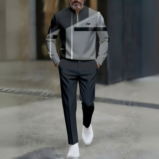 Men's Casual Gray&Black Color Matching Printed Round-Neck Zipper Long Sleeved Trousers Two-Piece Set