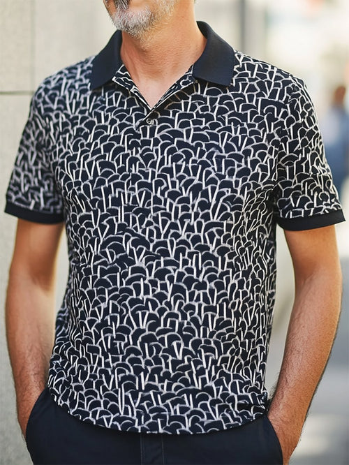 Men's Casual Business Geometric Print Button-Down Short Sleeve Polo Shirt