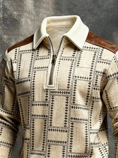 Men's Retro Color Block Print Color-Blocked Zip-Up Sweatshirt