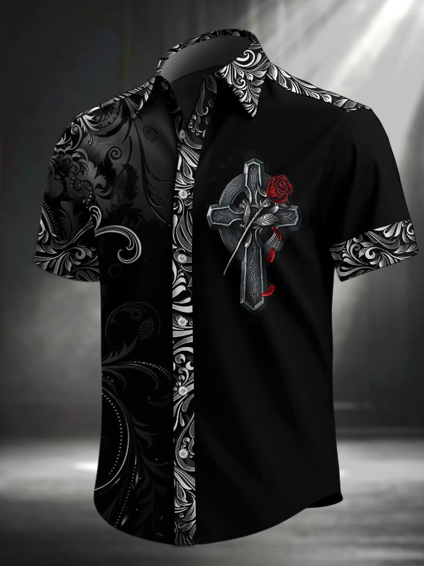 Men's Vintage Skull Floral Print Lapel Short Sleeve Shirt