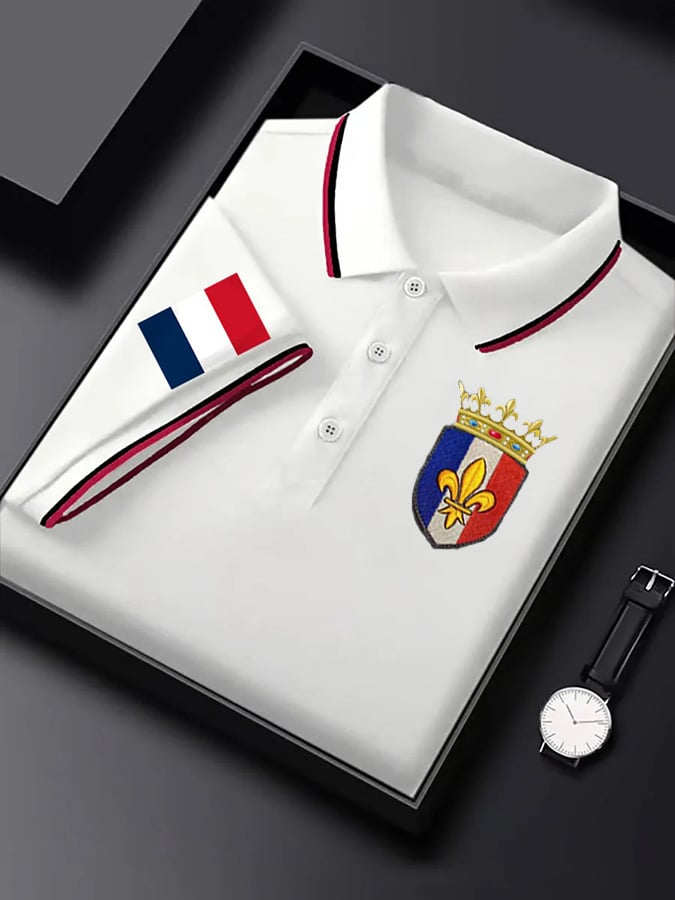 Men's Short-Sleeved French Badge Printed Button-down POLO Shirt