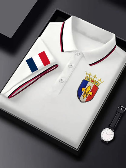 Men's Short-Sleeved French Badge Printed Button-down POLO Shirt