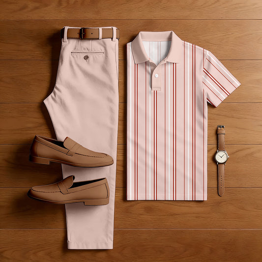 Men's Casual Pink & Red Color Matching Striped Printed Short Sleeved Polo Shirt & Trousers Two-Piece Set