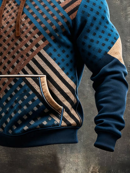 Men's Retro Distressed Color Block Print Casual Long Sleeve Sweatshirt