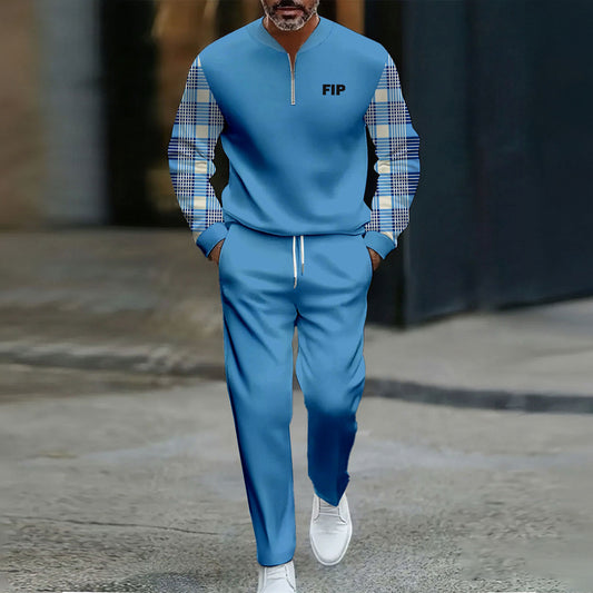 Men's Casual Blue Color Matching Checked Printed Round-Neck Zipper Long Sleeved Trousers Two-Piece Set