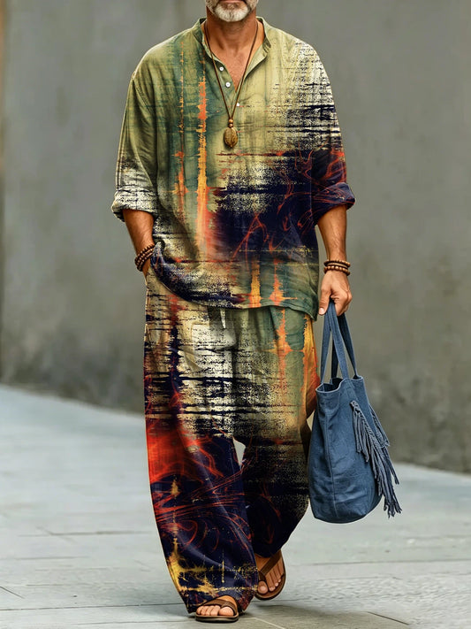 Men's Fashionable Abstract Art Print Cotton Shirt Set