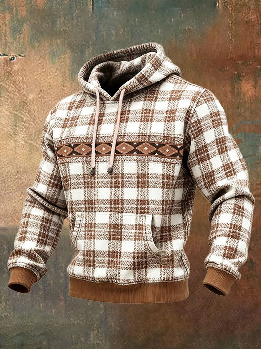 Men's Casual Retro Plaid Print Long Sleeve Hooded Sweatshirt