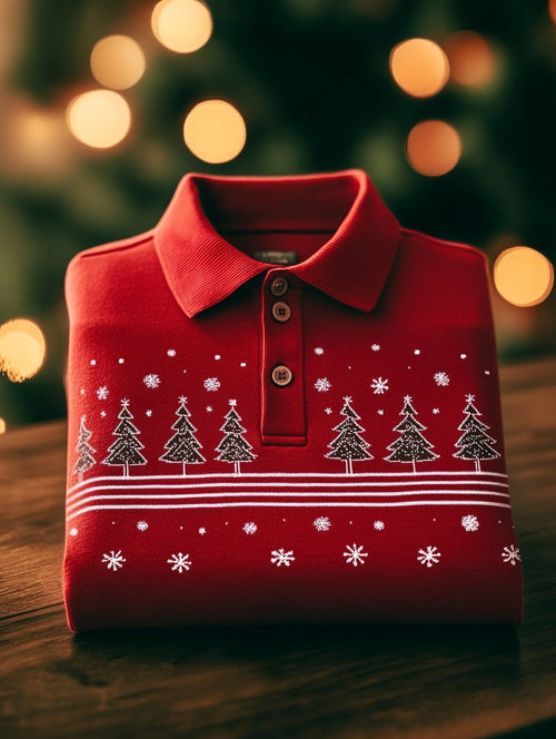 Men's Business Christmas Evergreen Snowflake Button Long Sleeve Polo Shirt