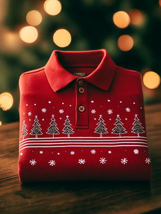 Men's Business Christmas Evergreen Snowflake Button Long Sleeve Polo Shirt