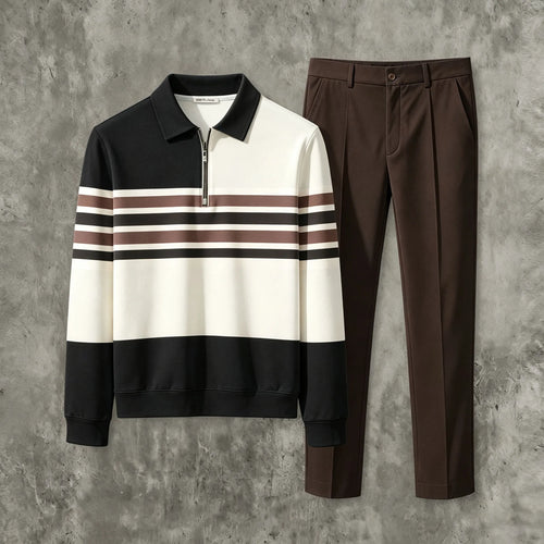 Men's Printed Zipper Polo Shirt and Pants Set