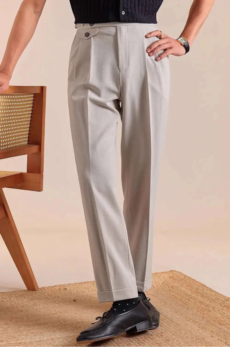 Double pleated wool straight pants
