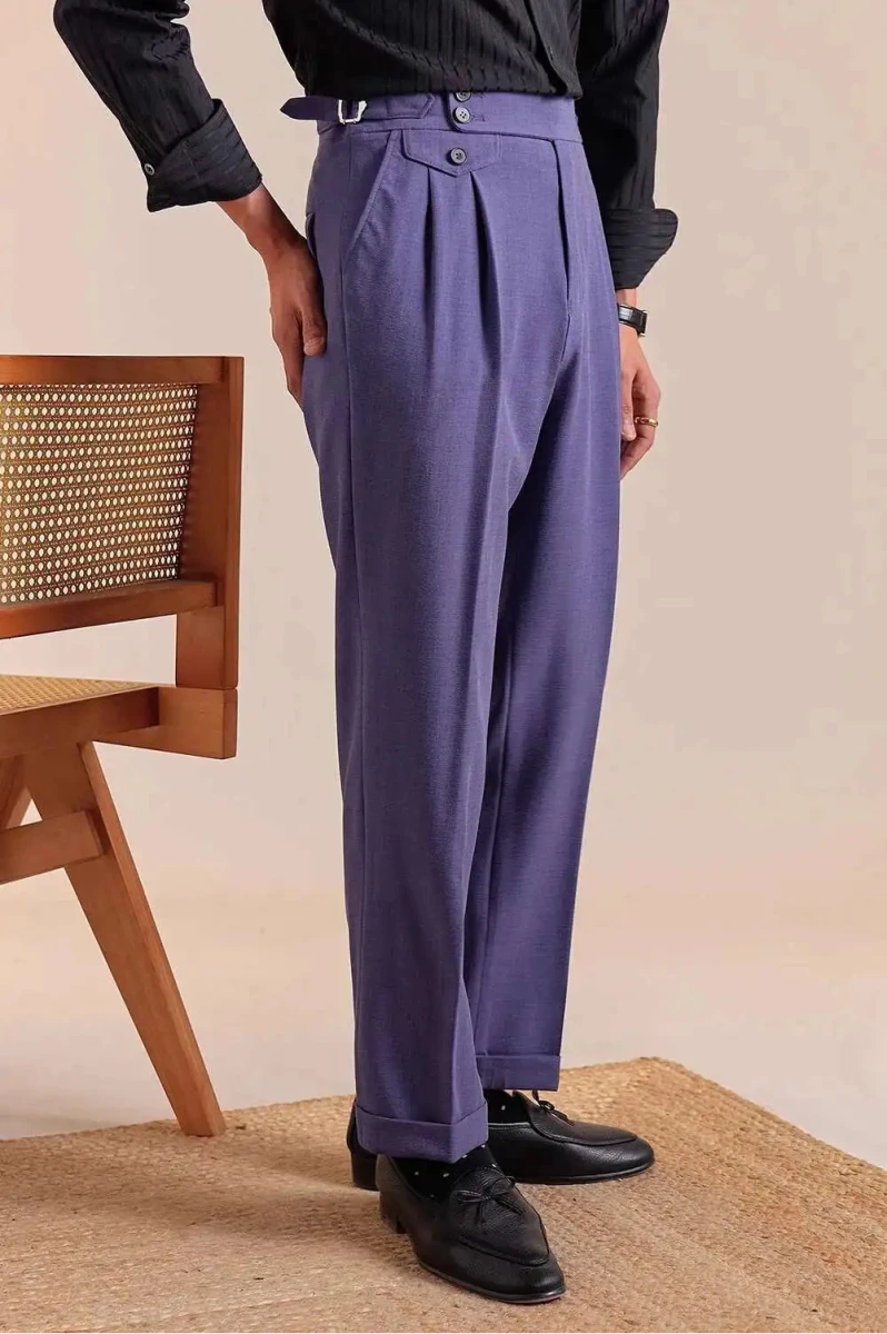 Double pleated wool straight pants