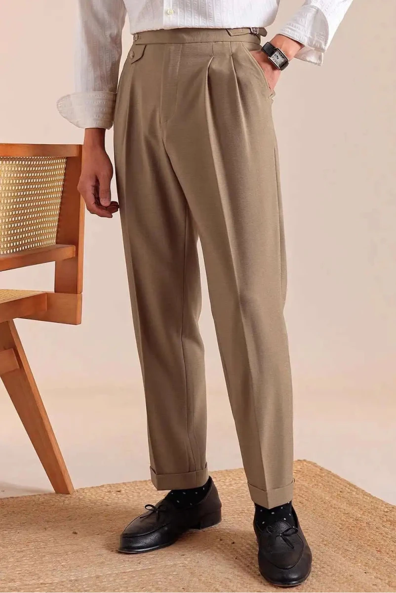 Double pleated wool straight pants