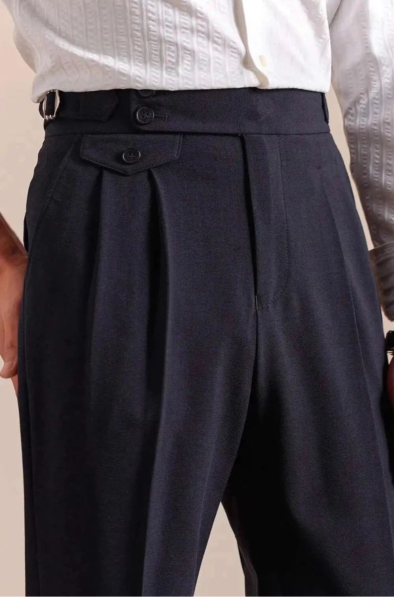 Double pleated wool straight pants