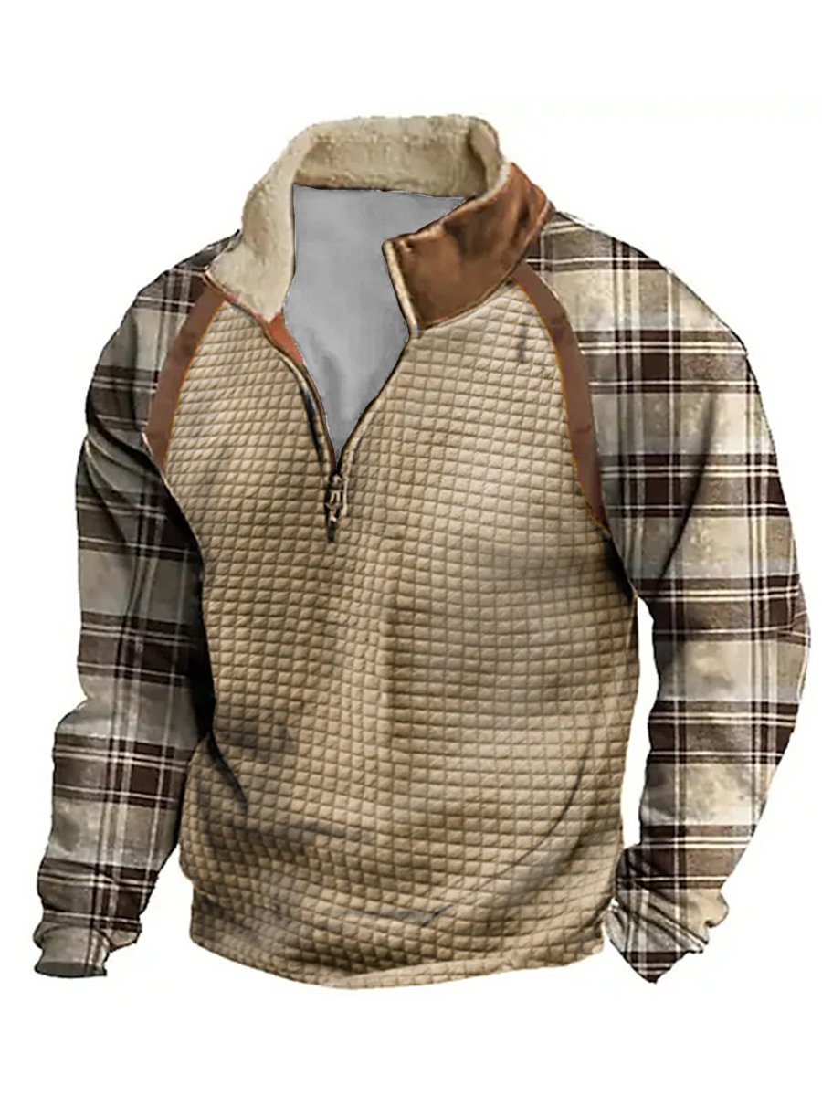 Men's Plaid Print Patchwork Waffle Zipper Fur Collar Sweatshirt