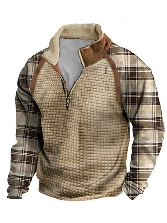Men's Plaid Print Patchwork Waffle Zipper Fur Collar Sweatshirt