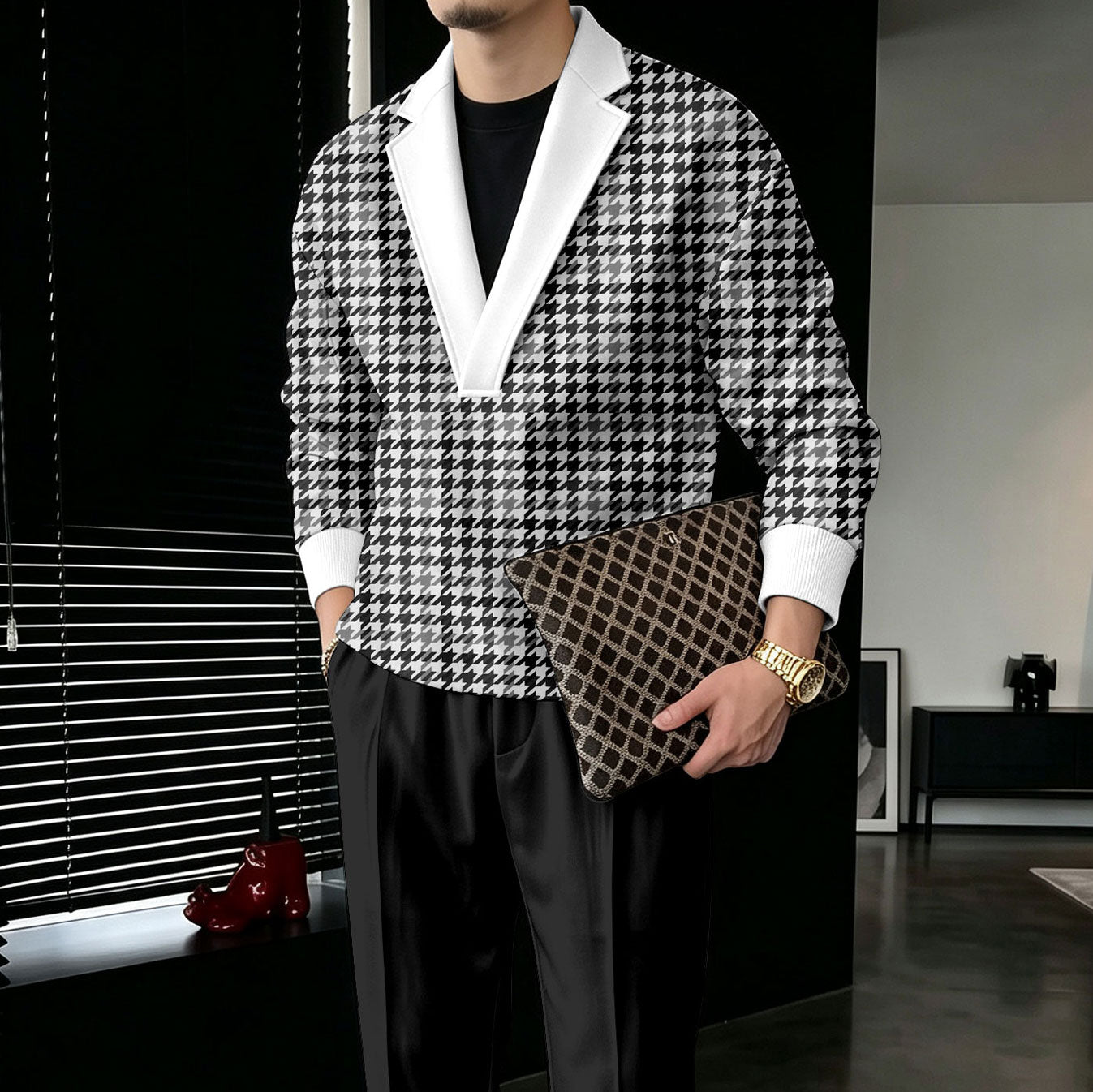 Men's Houndstooth V-Neck Sweatshirt and Pants Two-Piece Set