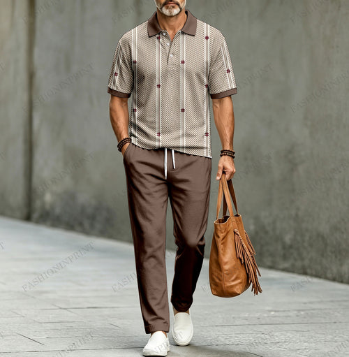 Men's Casual Herringbone-Patterned Short-Sleeve Polo Shirt and Pants Two-Piece Set
