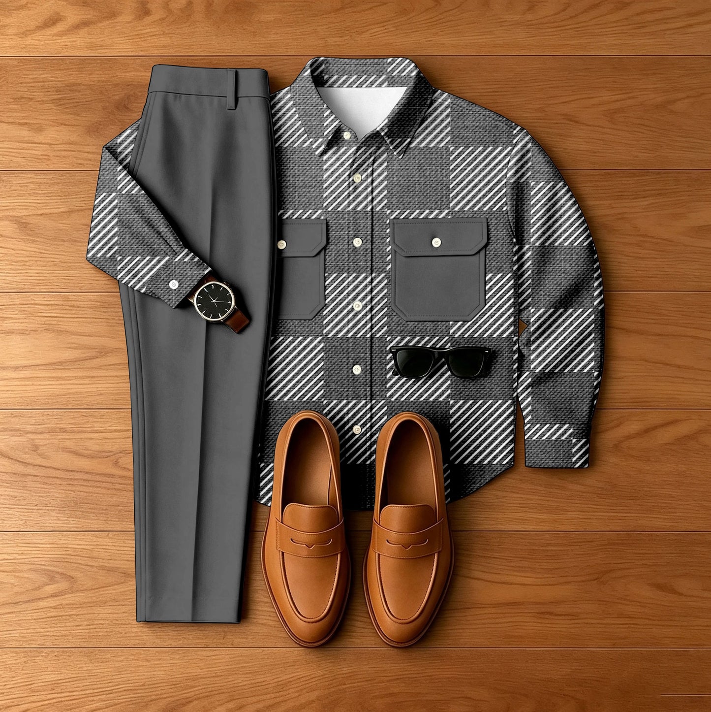 Men's Gray Checkered Denim-Style Jacket and Pants Set