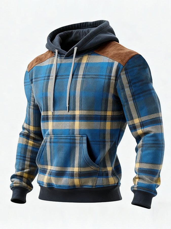Men's Casual Retro Plaid Print Long Sleeve Hooded Sweatshirt